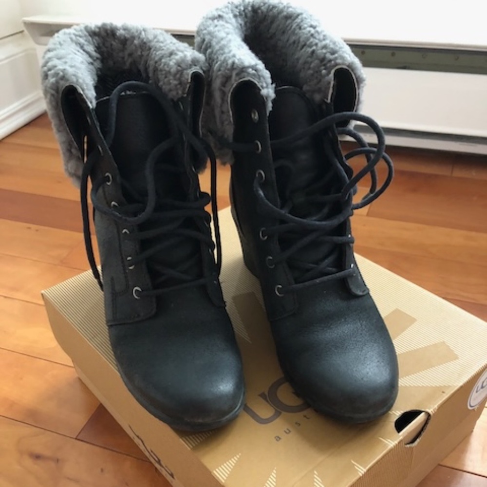 UGG Black Lace-Up Winter Boots with Gray Shearling Cuff